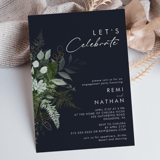 Greenery and Gold Leaf | Dark Navy Let's Celebrate Invitation (Creator Uploaded)
