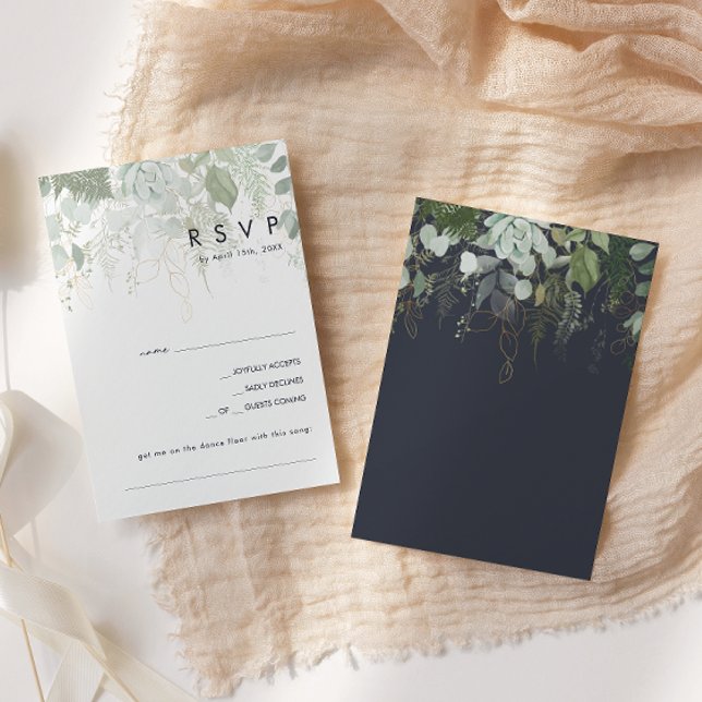Greenery and Gold Leaf | Dark Navy Song Request RSVP Card (Creator Uploaded)