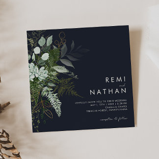 Greenery and Gold Leaf | Dark Navy Square Wedding Invitation