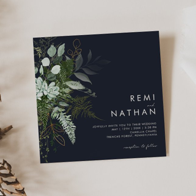 Greenery and Gold Leaf | Dark Navy Square Wedding Invitation (Creator Uploaded)