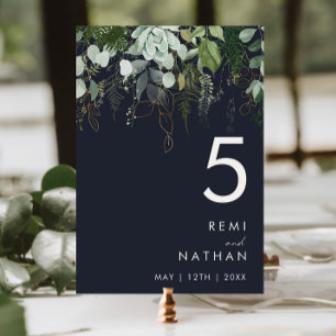 Greenery and Gold Leaf Dark Navy Table Number