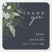 Greenery and Gold Leaf Dark Navy Thank You Sticker