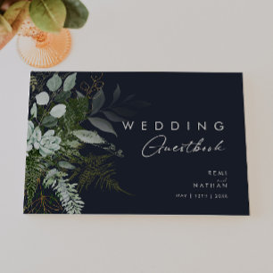 Greenery and Gold Leaf Dark Navy Wedding Guest Book
