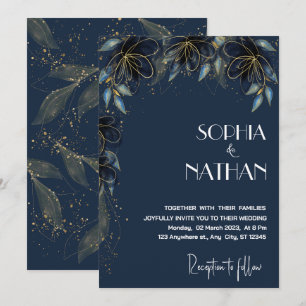Greenery and Gold Leaf Dark Navy Wedding Invitation