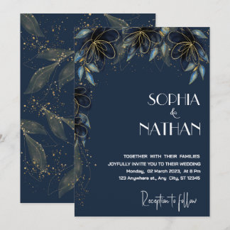 Greenery and Gold Leaf | Dark Navy Wedding Invitation