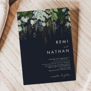 Greenery and Gold Leaf   Dark Navy Wedding Invitation