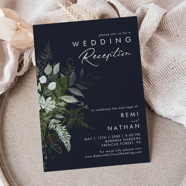 Greenery and Gold Leaf Dark Navy Wedding Reception Invitation (Creator Uploaded)