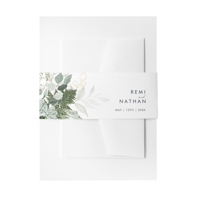 Greenery and Gold Leaf Invitation Belly Band (Front Example)