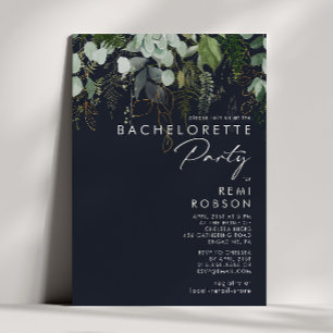 Greenery and Gold Leaf Navy Bachelorette Party Invitation