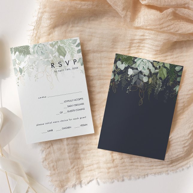 Greenery and Gold Leaf Navy Menu Choice RSVP Card (Creator Uploaded)