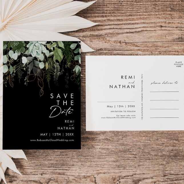 Greenery and Gold leaf Script Black Save The Date  Invitation Postcard (Creator Uploaded)