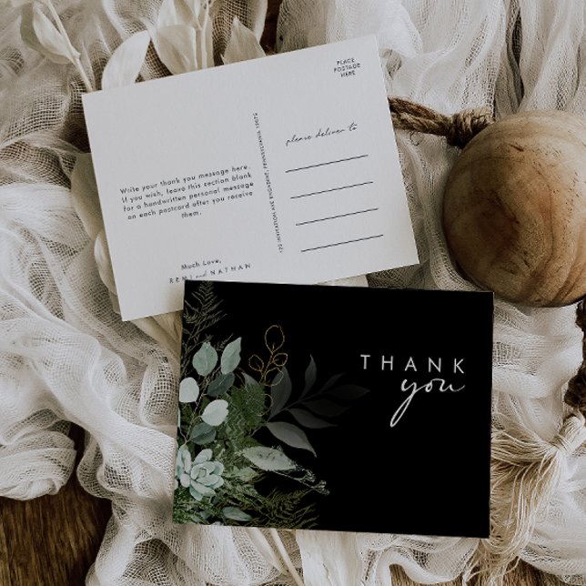 Greenery and Gold Leaf Script Black Thank You Postcard (Creator Uploaded)