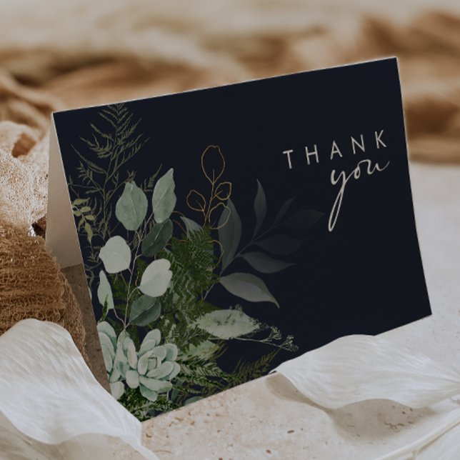 Greenery and Gold Leaf Script | Dark Navy Thank You Card (Creator Uploaded)