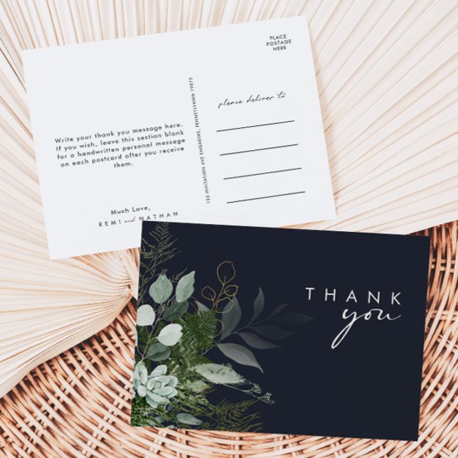 Greenery and Gold Leaf Script Dark Navy Thank You Postcard (Creator Uploaded)