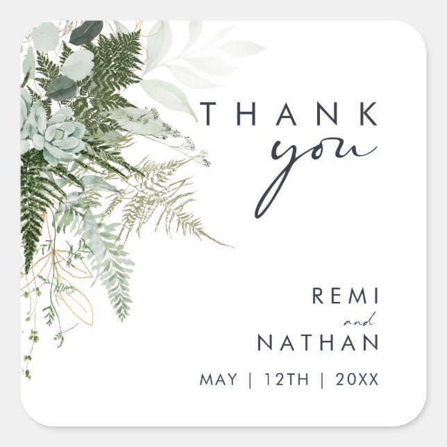 Greenery and Gold Leaf Thank You Wedding Sticker (Front)