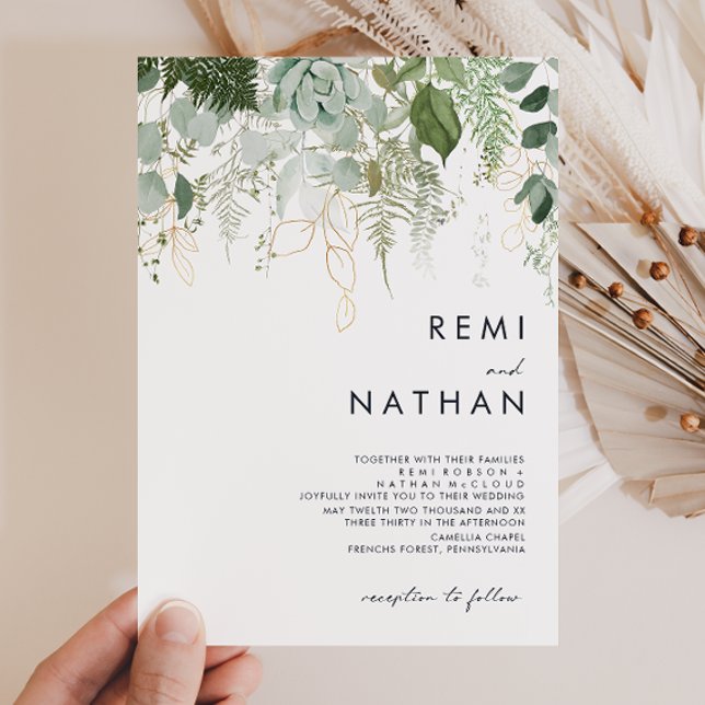 Greenery and Gold Leaf Wedding Invitation (Creator Uploaded)