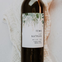 Greenery and Gold Leaf Wedding Wine Label