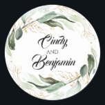 Greenery and Gold Leaves Eucalyptus Wedding Classic Round Sticker<br><div class="desc">Greenery and gold wedding stickers</div>