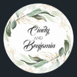 Greenery and Gold Leaves Eucalyptus Wedding Classic Round Sticker<br><div class="desc">Greenery and gold wedding stickers</div>