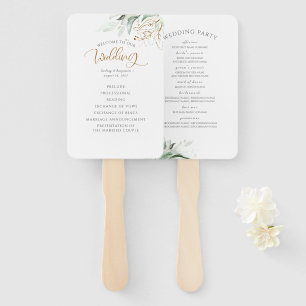 Greenery and Gold Leaves Wedding Program Hand Fan