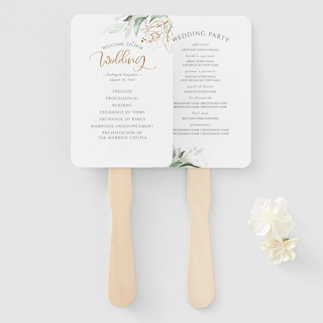 Greenery and Gold Leaves Wedding Program Hand Fan (Front and Back)