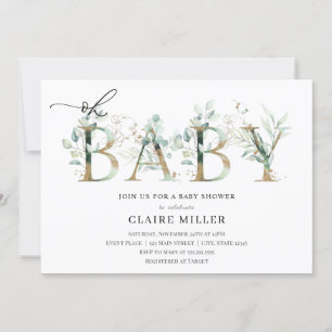 Greenery and Gold Letters Oh Baby Shower Invitation