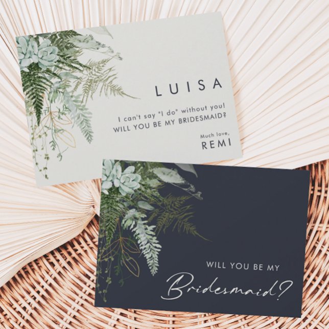 Greenery and Gold | Navy Bridesmaid Proposal Card (Creator Uploaded)