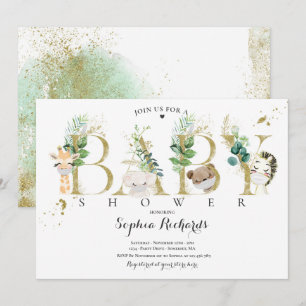 Greenery And Gold Safari Animals Baby Shower Invitation