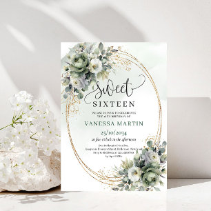 Greenery And Gold Sweet Sixteen Dusty Green Invite