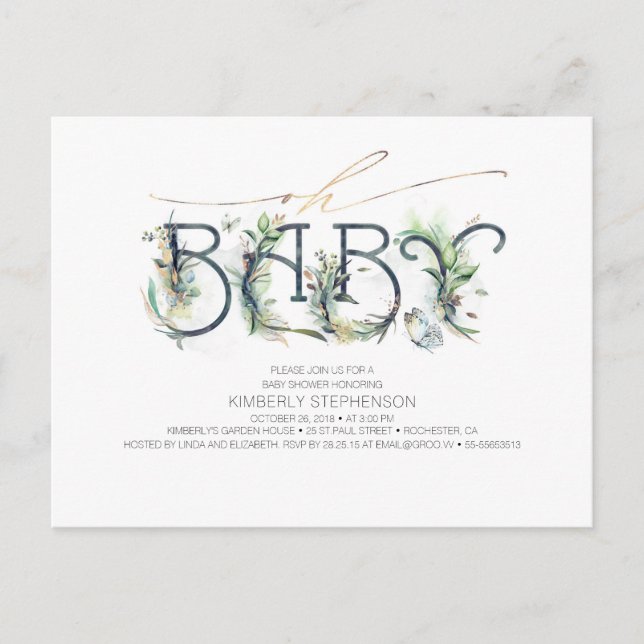 Greenery and Gold Typography Modern Baby Shower Invitation Postcard (Front)