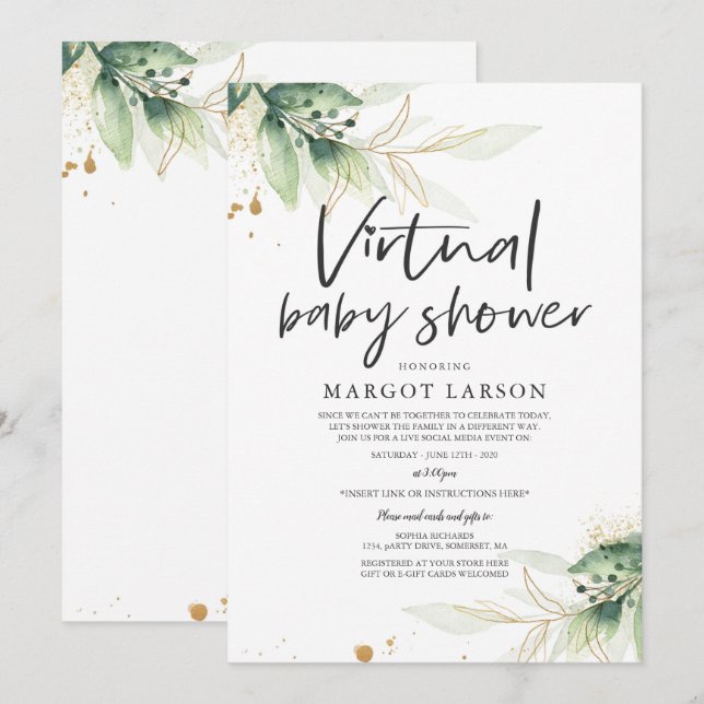 Greenery And Gold Virtual Baby Shower Invitation (Front/Back)