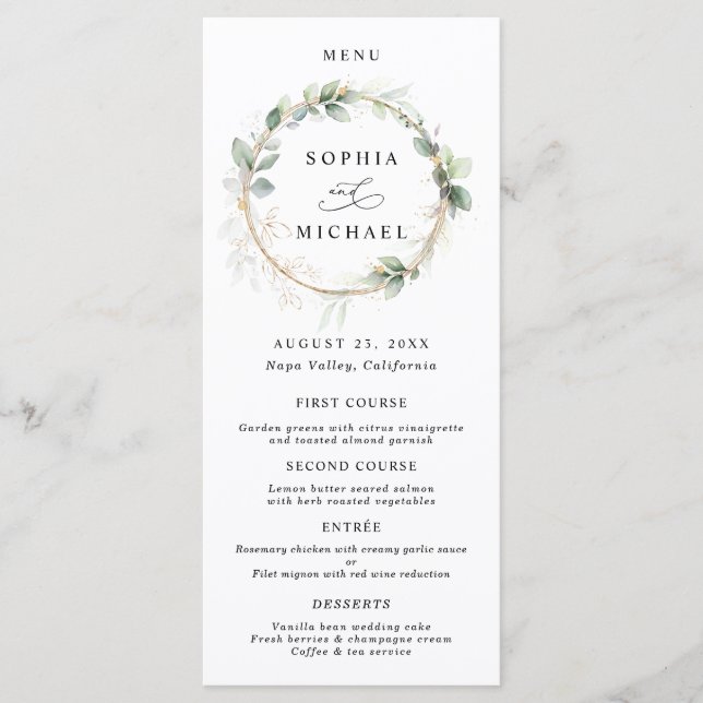 Greenery and Gold Wedding Flat Menu (Devant)