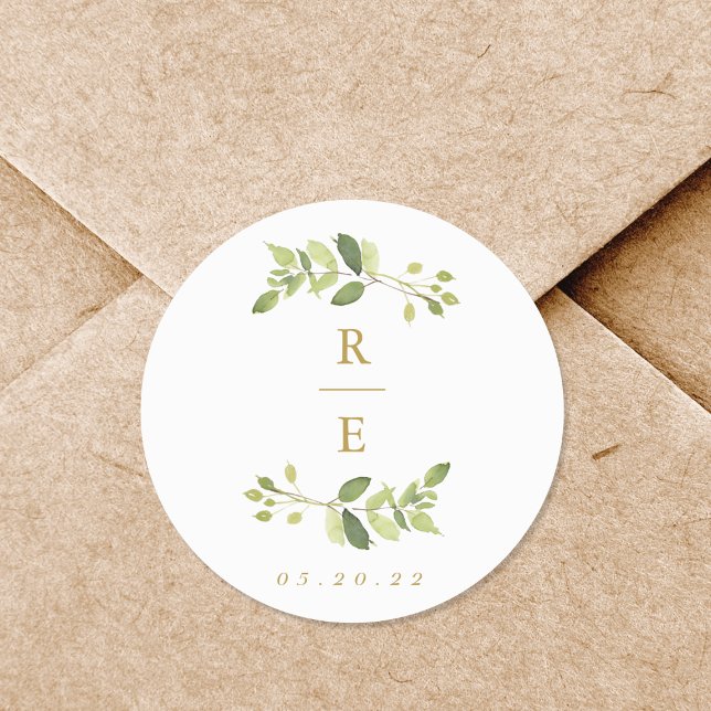 Greenery and Gold Wedding Initial Classic Round Sticker (Creator Uploaded)