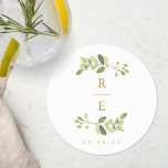 Greenery and Gold Wedding Monogram Round Paper Coaster<br><div class="desc">Custom-designed wedding coaster featuring watercolor greenery wedding monogram design.</div>