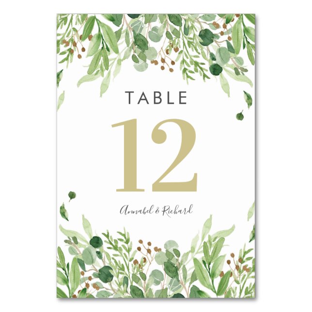 Greenery and gold Wedding table cards (Front)