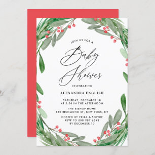Greenery and Holly Wreath Winter Baby Shower Invitation