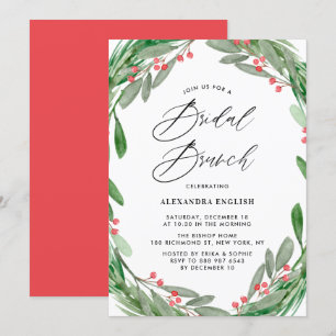 Greenery and Holly Wreath Winter Bridal Brunch Invitation
