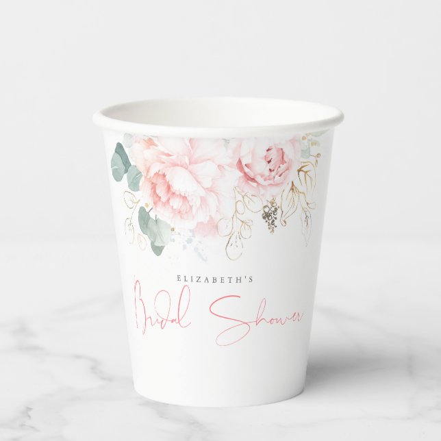 Greenery and Pink Flowers Elegant Bridal Shower Paper Cups (Front)