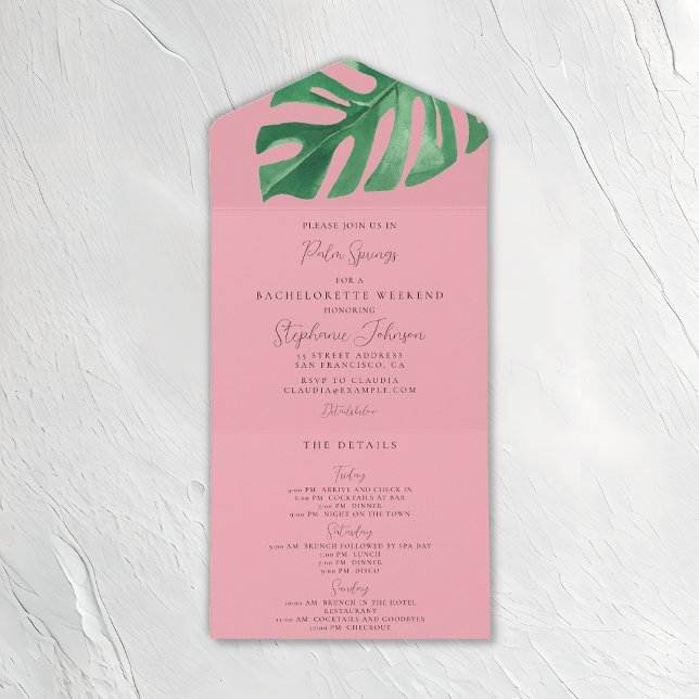Greenery and Pink Tropical Monstera Bachelorette  All In One Invitation (Creator Uploaded)