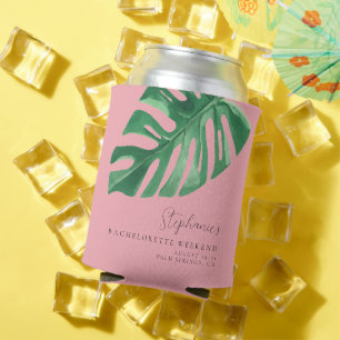 Greenery and Pink Tropical Monstera Bachelorette  Can Cooler