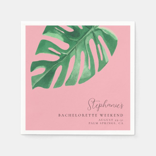 Greenery and Pink Tropical Monstera Bachelorette  Napkin (Front)