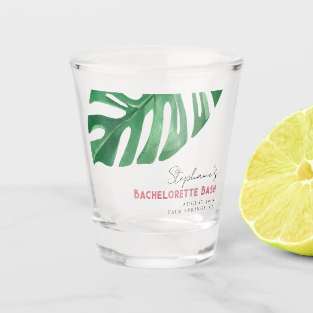 Greenery and Pink Tropical Monstera Bachelorette  Shot Glass (Front)