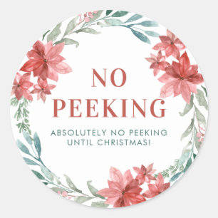 Greenery and Poinsettia No Peeking Christmas Classic Round Sticker