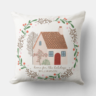 Greenery and Red Berries Home for the Holidays  Throw Pillow