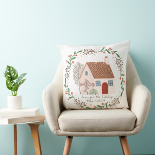 Greenery and Red Berries Home for the Holidays Throw Pillow