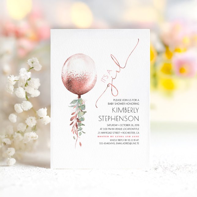 Greenery and Rose Gold Glitter Balloon Baby Shower Invitation (Rose Gold Pink Baby Shower Invitations)
