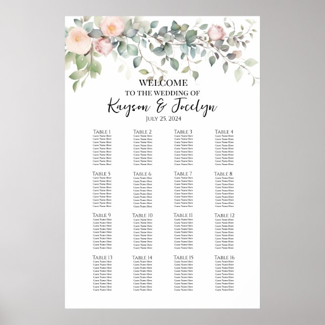 Greenery and roses wedding seating chart 16 tables (Front)