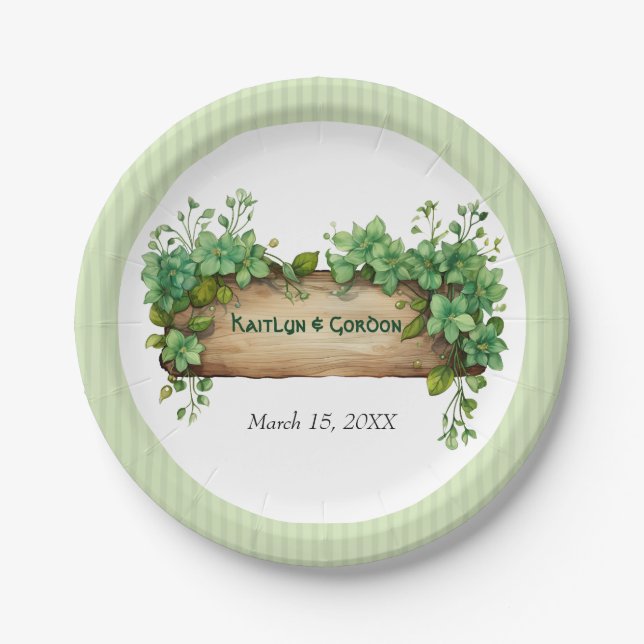 Greenery and stripes St Patricks day Irish wedding Paper Plate (Front)