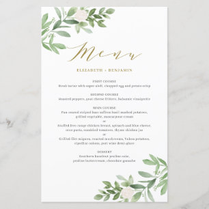 Greenery and White Floral Gold Wedding Menu Card