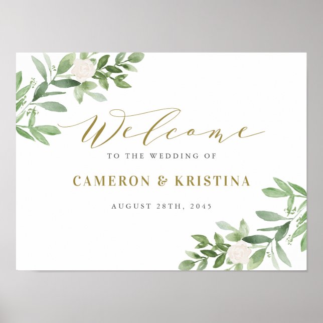 Greenery and White Floral Gold Wedding Welcome Poster (Front)